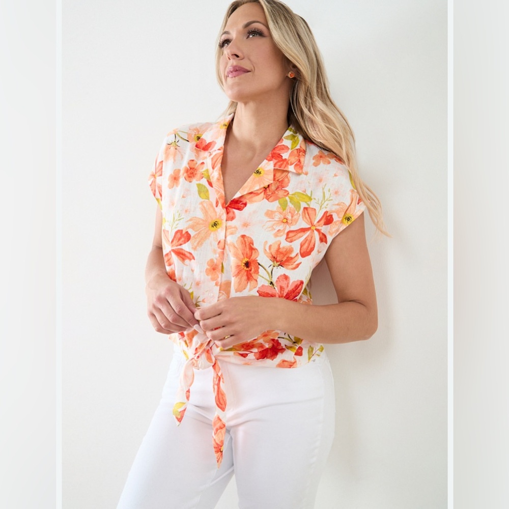 NWT - C by One  Floral Button Down Shirt - Orange and Green